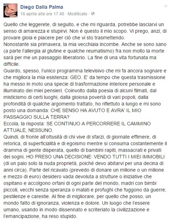 Il post Facebook del make up artist