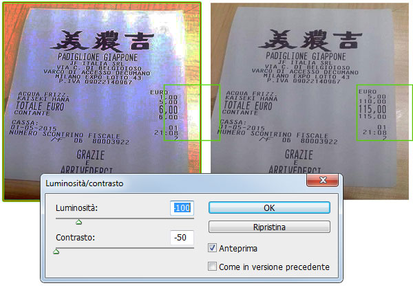 Lavoro di falsificazione sullo scontrino truffa del Giapponese