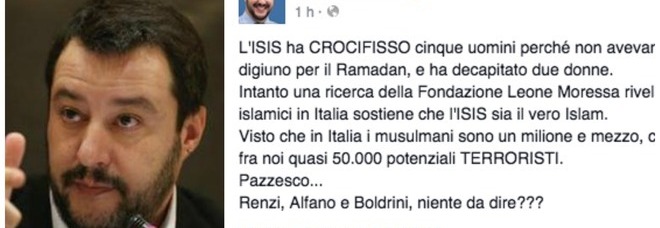 Il post di Salvini su Facebook