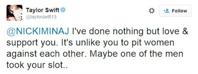 Il tweet di Swift in risposta a Nicki Minaj
