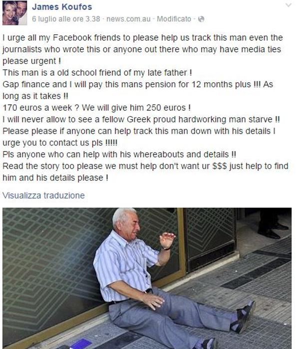 Lo stato Facebook di James Koufos compatriota del pensionato greco