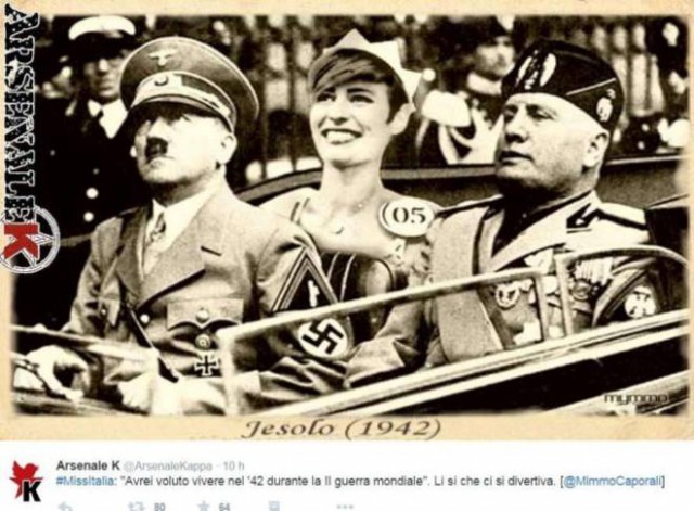 Alice Sabatini in compagnia dei dittatori Hitler e Mussolini