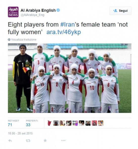 Il tweet di Al Arabiya sulla squadra femminile iraniana