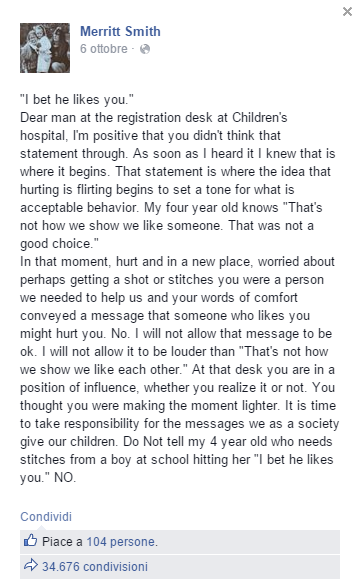 Il post della donna su Facebook