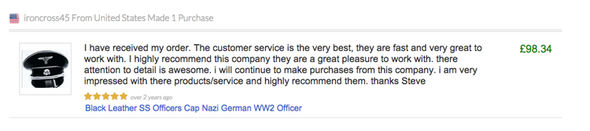 La recensione sul sito dove ha acquistato equipaggiamento nazista