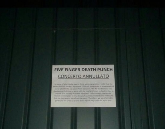 Annullato il concerto dei Five Finger Death Punch