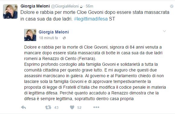 Il post della Meloni sulla morte di Cloe