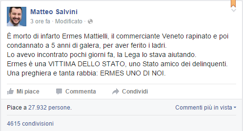 Il post di Matteo Salvini