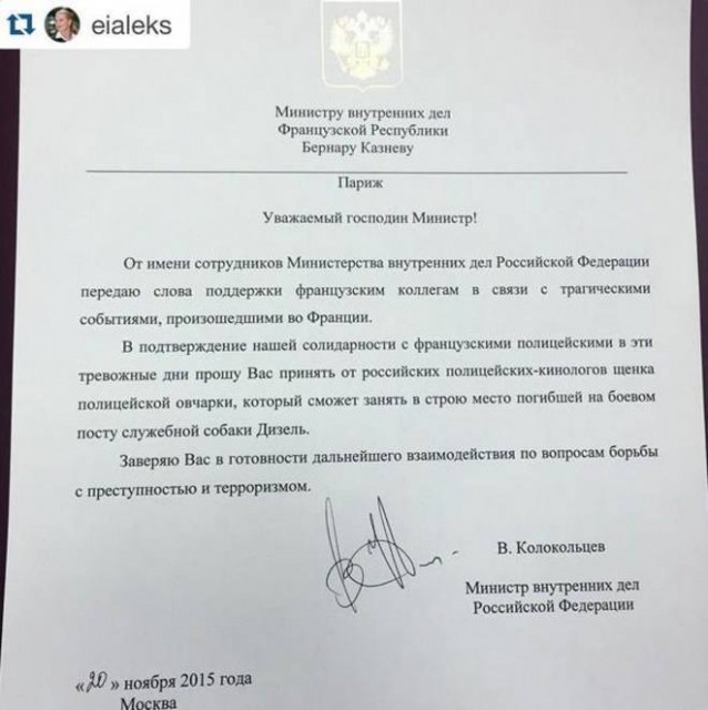 La Russia dona ai Francesi il cucciolo Dobrynia