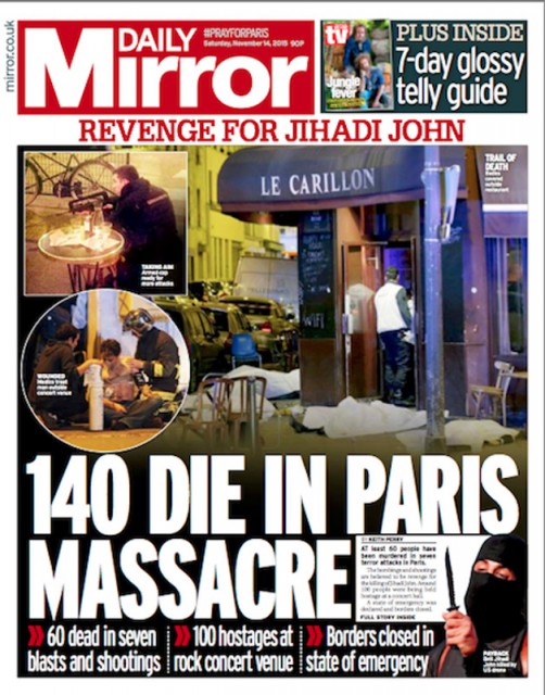 La prima pagina del Daily Mirror sugli attacchi a Parigi