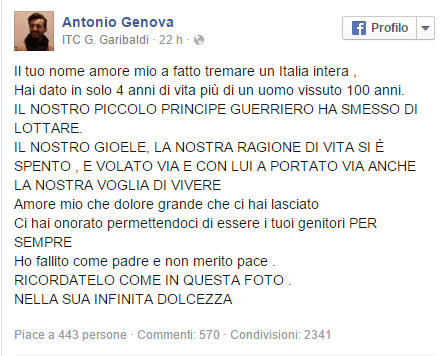 Il post del papà su Facebook