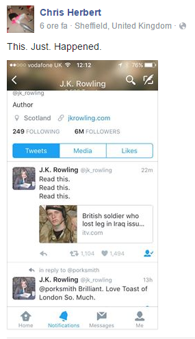 Post su Facebook di J.K Rowling