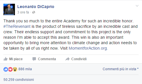 Post su Facebook di DiCaprio