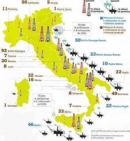 Referendum: mappa delle trivelle presenti in Italia