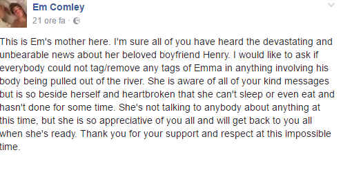 Il post su Facebook della fidanzata