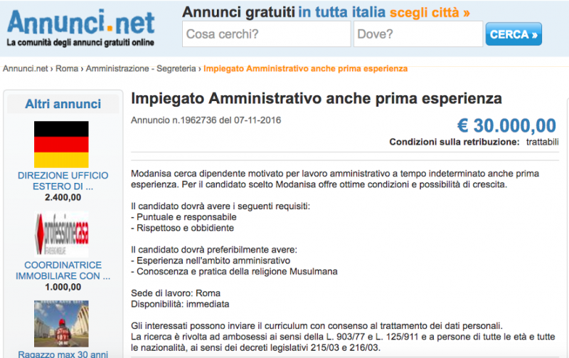 Annuncio di lavoro discriminatorio